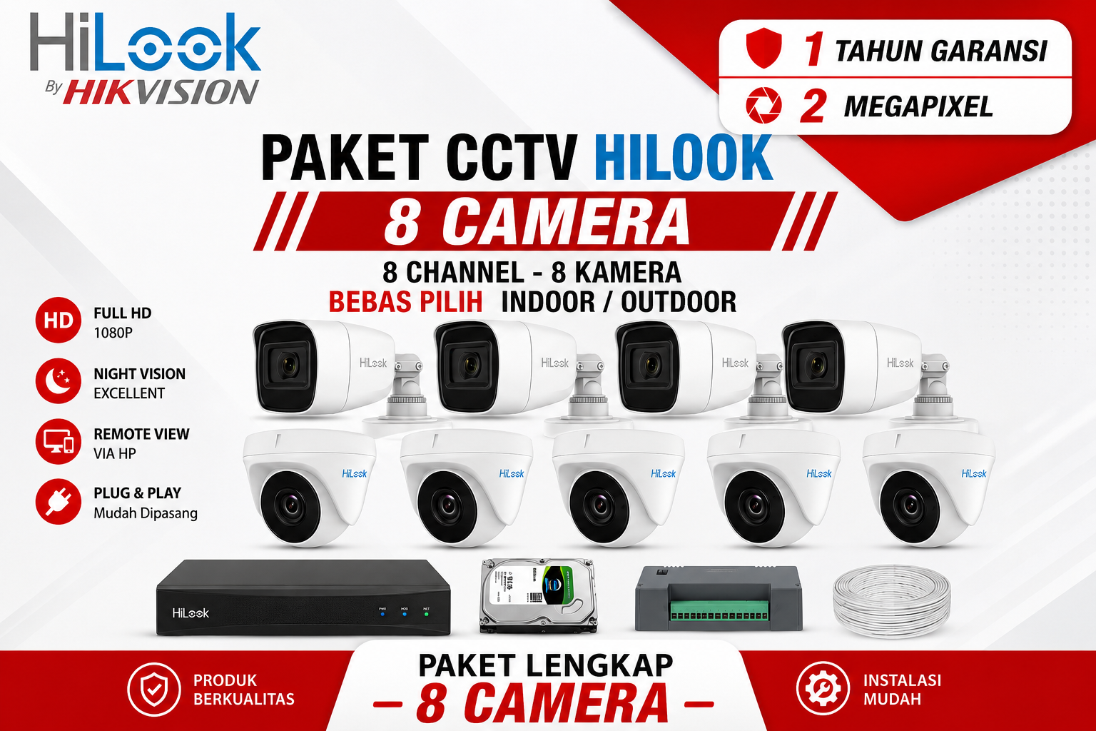 PAKET CCTV HILOOK 8 CAMERA 2 MP ANALOG