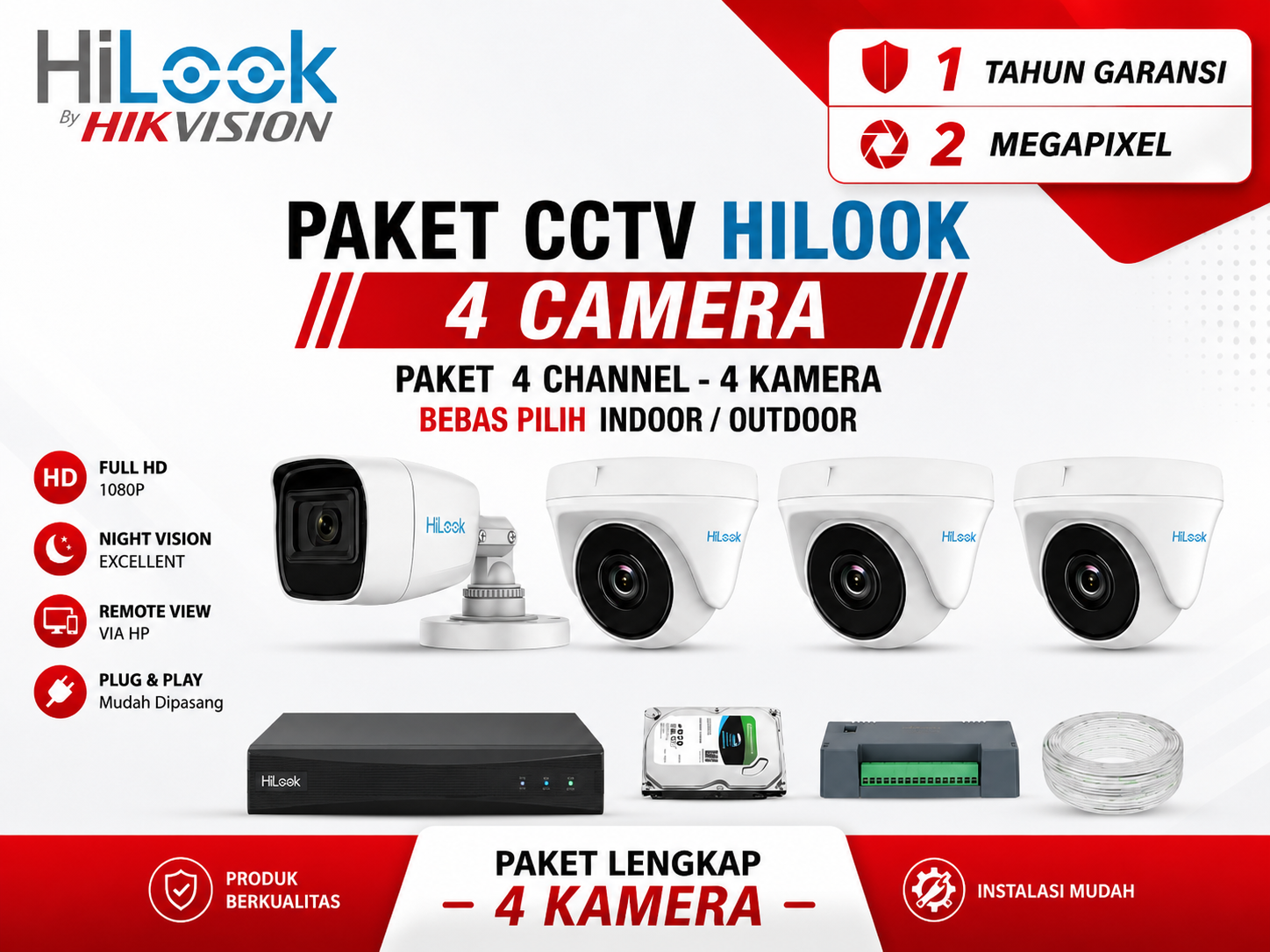 PAKET CCTV HILOOK 4 CAMERA 2 MP ANALOG