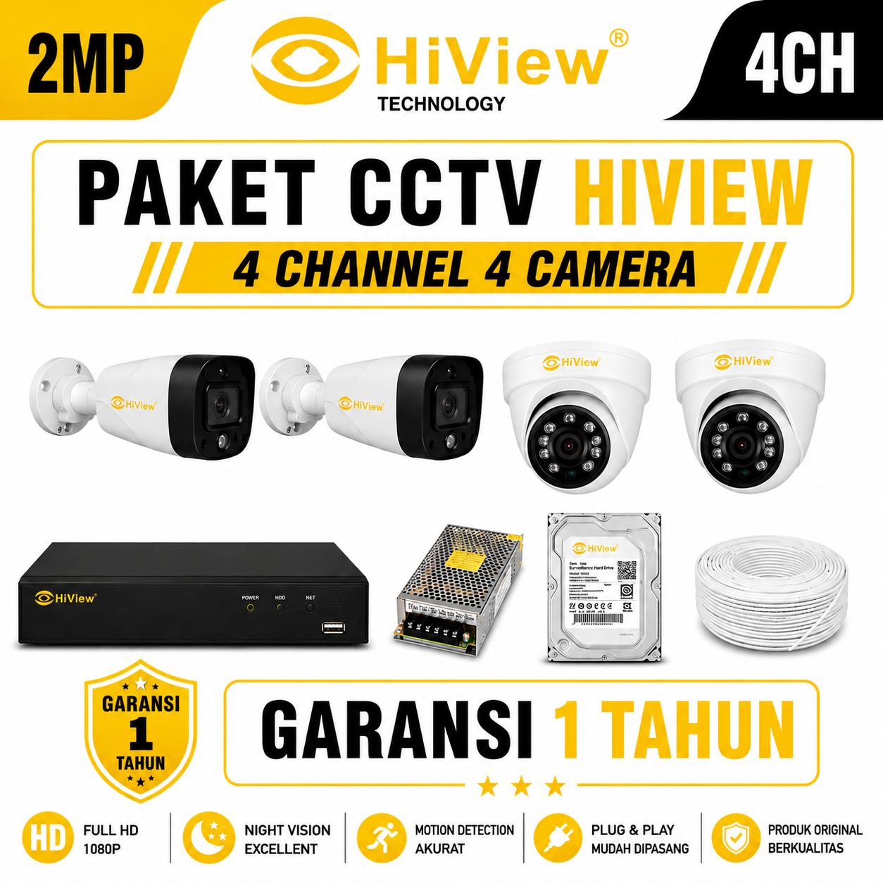PAKET CCTV HIVIEW 4 CHANNEL ANALOG 2 MP
