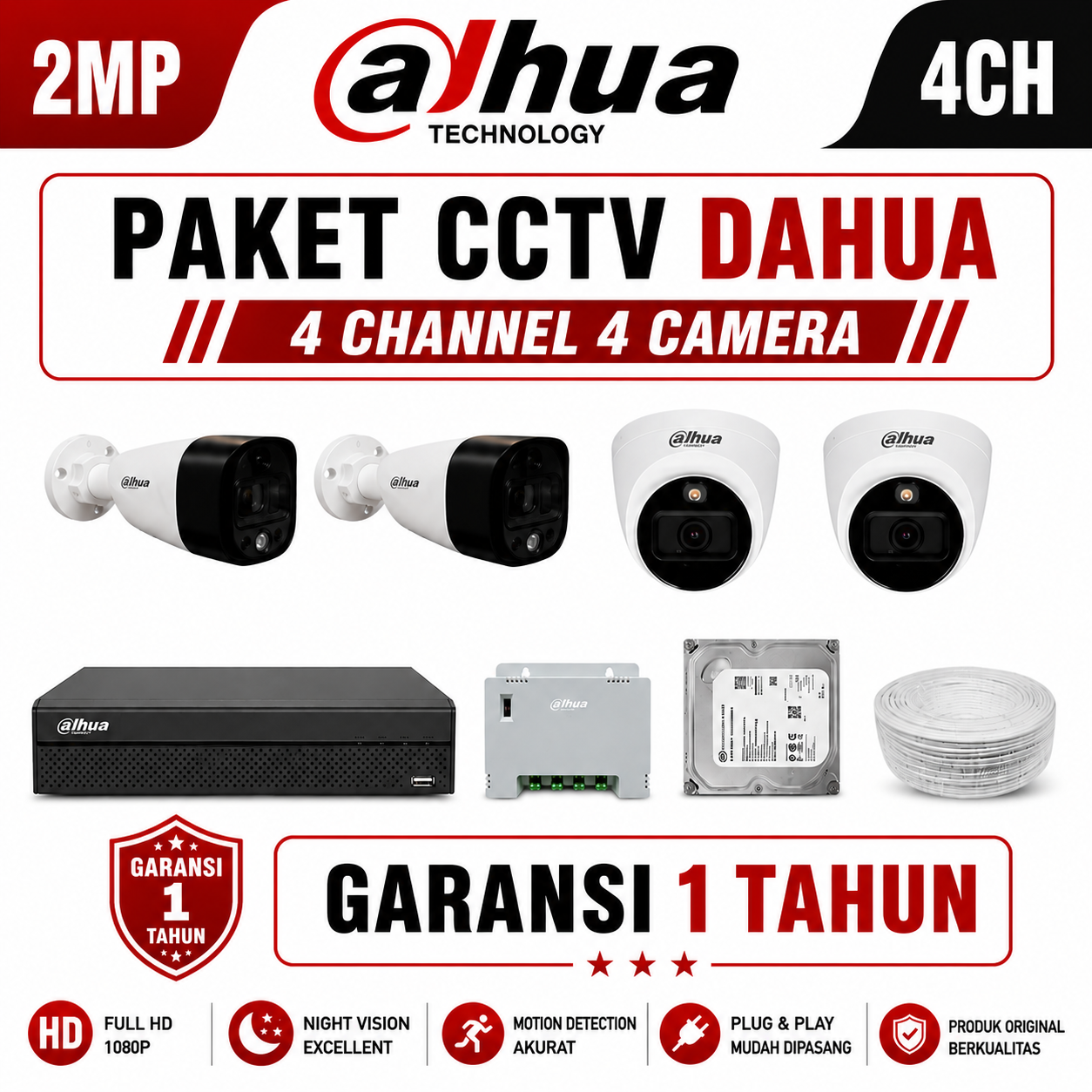 PAKET CCTV DAHUA 4 CAMERA 2 MP ANALOG